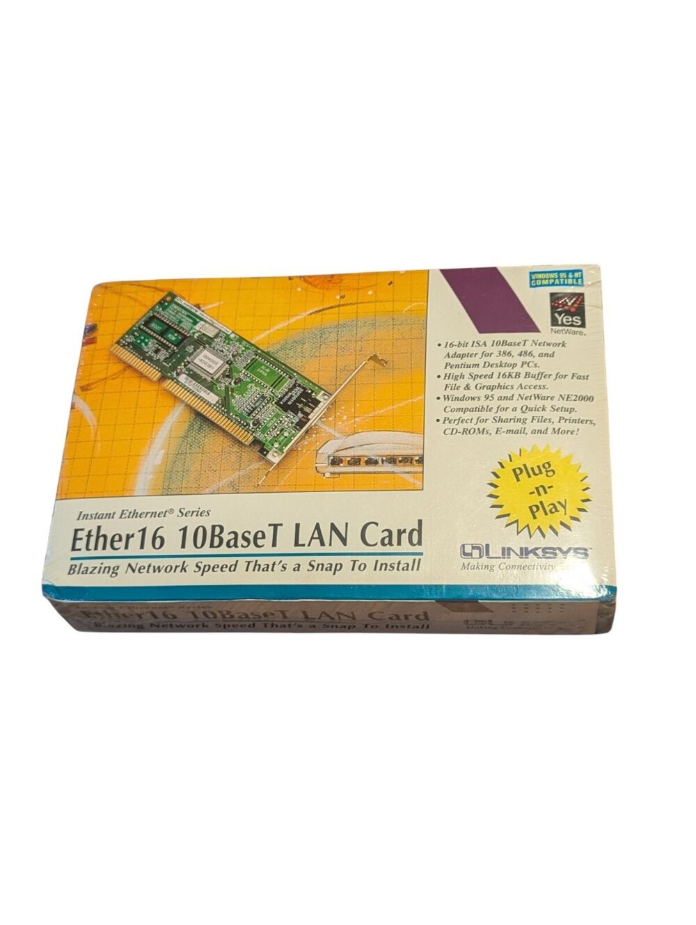 Vintage 1997 Linksys Ether16 10BaseT LAN Card Plug-N-Play NOS NEW SEALED